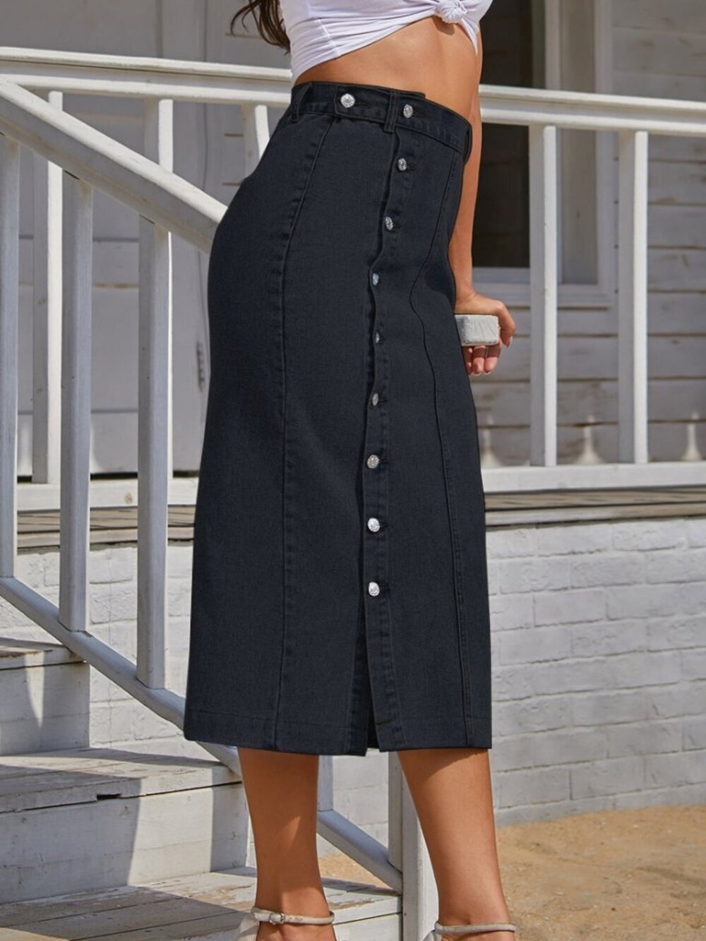 Black Casual Women's Button Front Longline Denim Skirt - Picture 6 of 8